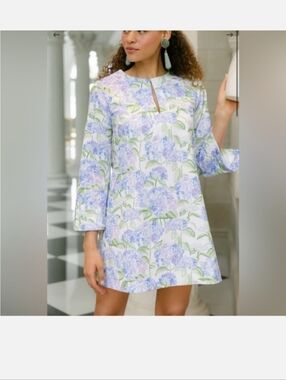Hill House Artemis Blue Hydrangea Floral  Long Sleeve Cotton Dress XL